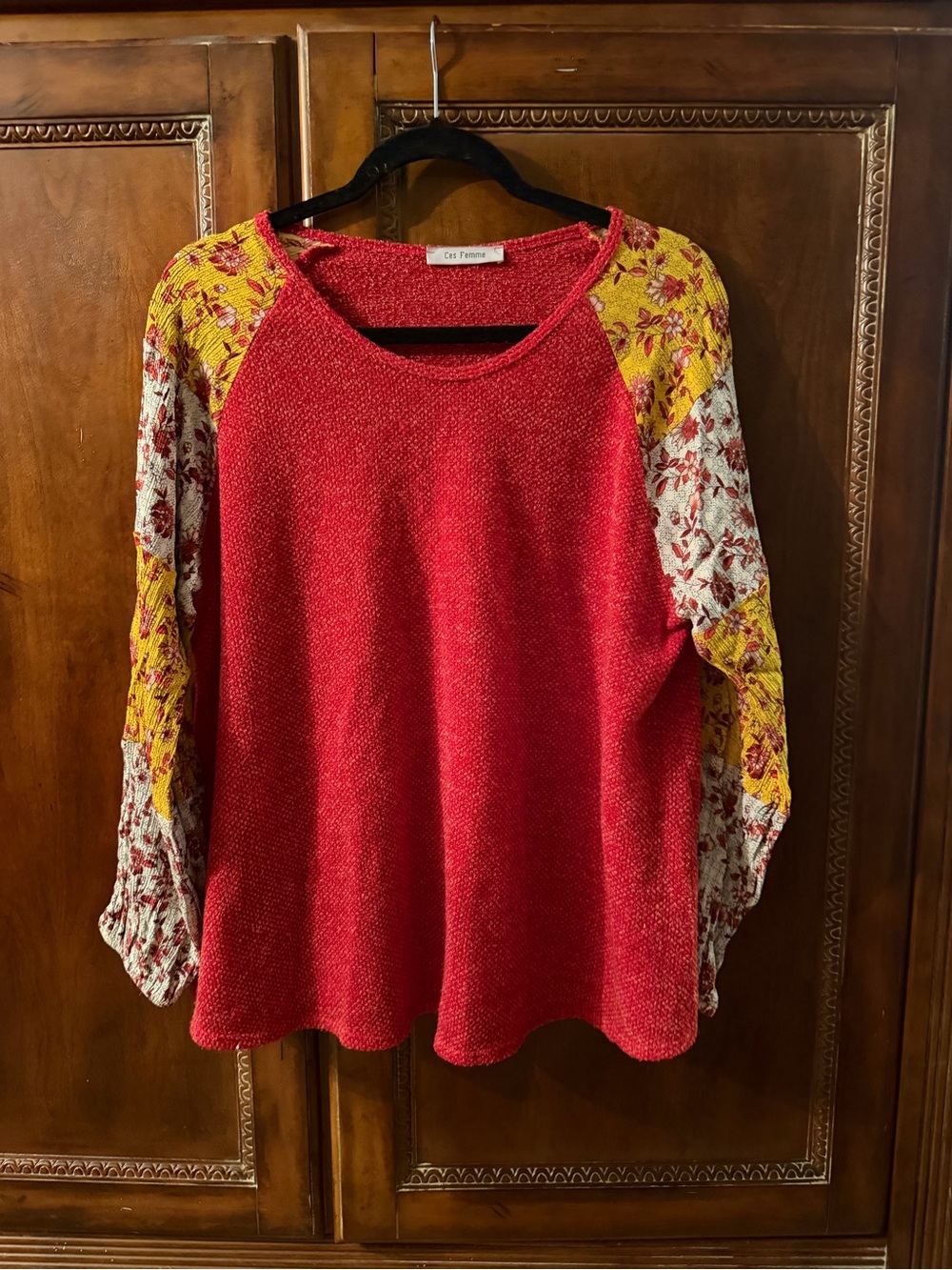 Red Knit Top with Floral Raglan Sleeves